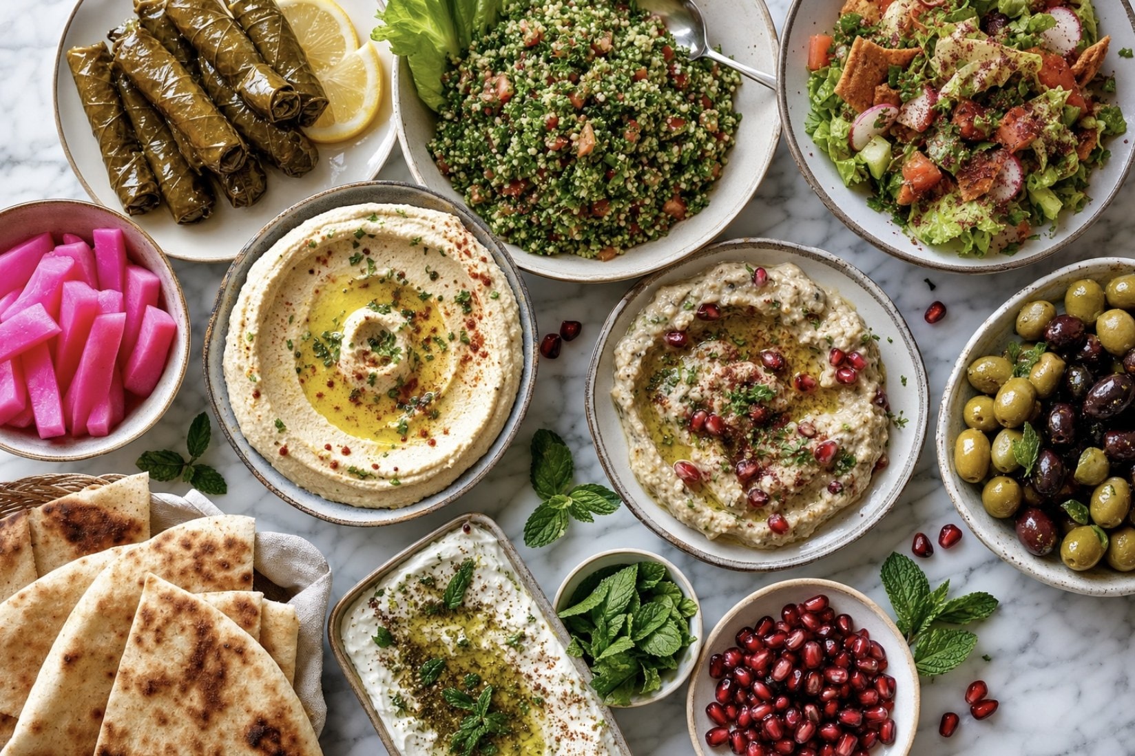 Mezza libanesa: hummus, tabbouleh y platos típicos